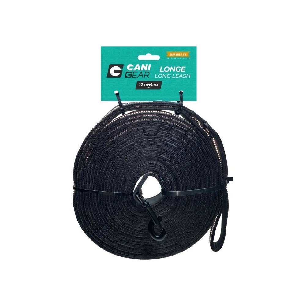 Longe pour chien - CANI GEAR - 10 m - Néoprene souple avec poignée - Noir