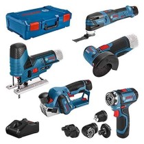 Kit 5 outils Bosch Professional : GSR/GOP/GHO/GWS/GST + 2 batteries 2,0Ah + 1 batterie 3,0Ah + chargeur GAL 12V-40 + XL-LBOXX