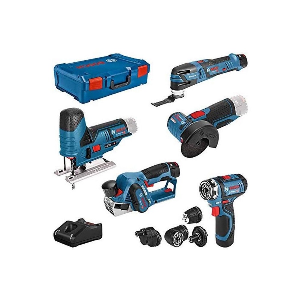 Kit 5 outils Bosch Professional : GSR/GOP/GHO/GWS/GST + 2 batteries 2,0Ah + 1 batterie 3,0Ah + chargeur GAL 12V-40 + XL-LBOXX