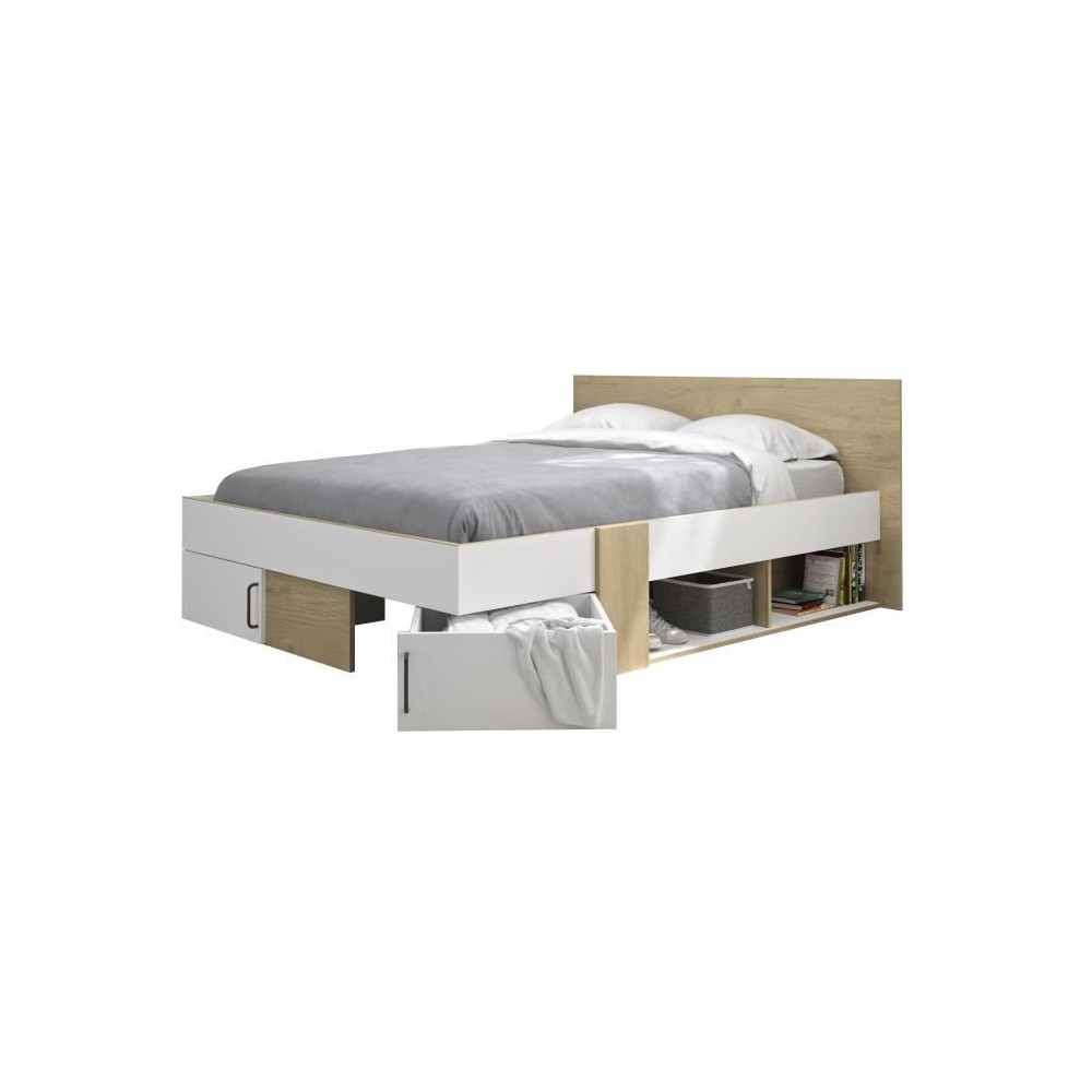 DIAGONE Lit adulte avec tiroirs de rangement - Chene et blanc - 140 x 190 - SWIVEL