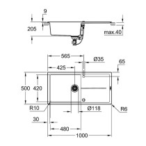 GROHE Evier composite avec égouttoir K400 1000 x 500 mm Gris granite