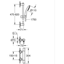 Ensemble de douche avec mitigeur thermostatique, pommeau 1 jet, barre