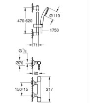 Ensemble de douche avec mitigeur thermostatique, pommeau 1 jet, barre