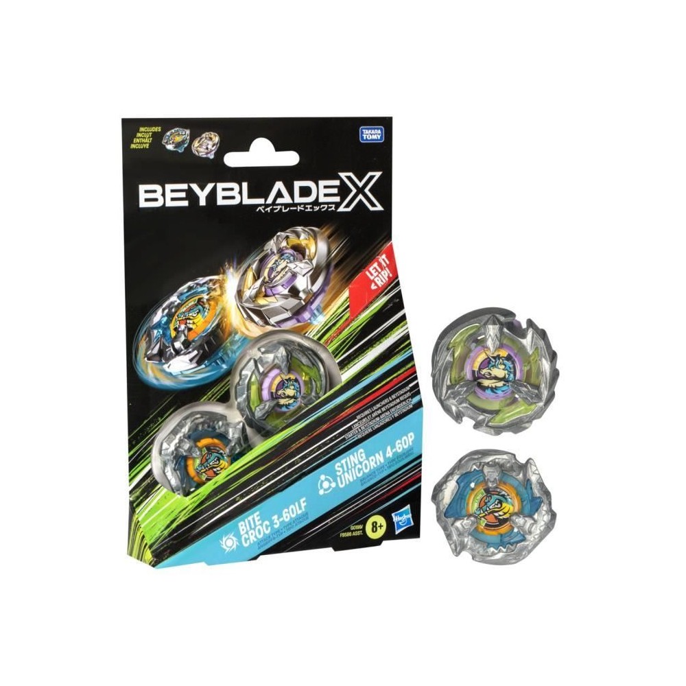 Beyblade X Dual Pack Bite Croc 3-60LF et Sting Unicorn 4-60P, 2 toupies de compétition a rotation droite, Des 8 ans