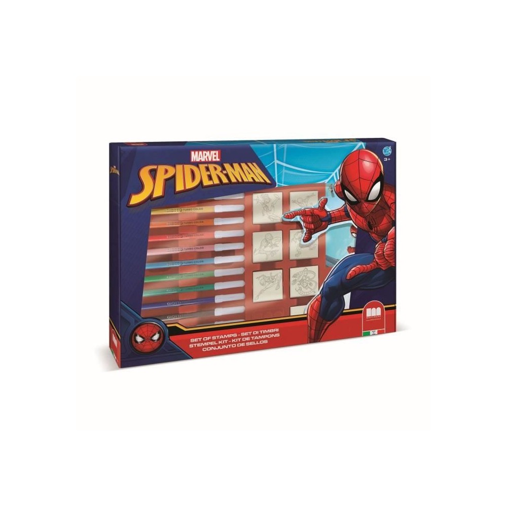 Coffret de tampons - MULTIPRINT - 4817 - Spiderman - 7 tampons bois et latex, 12 feutres Giotto, regle, album coloriage