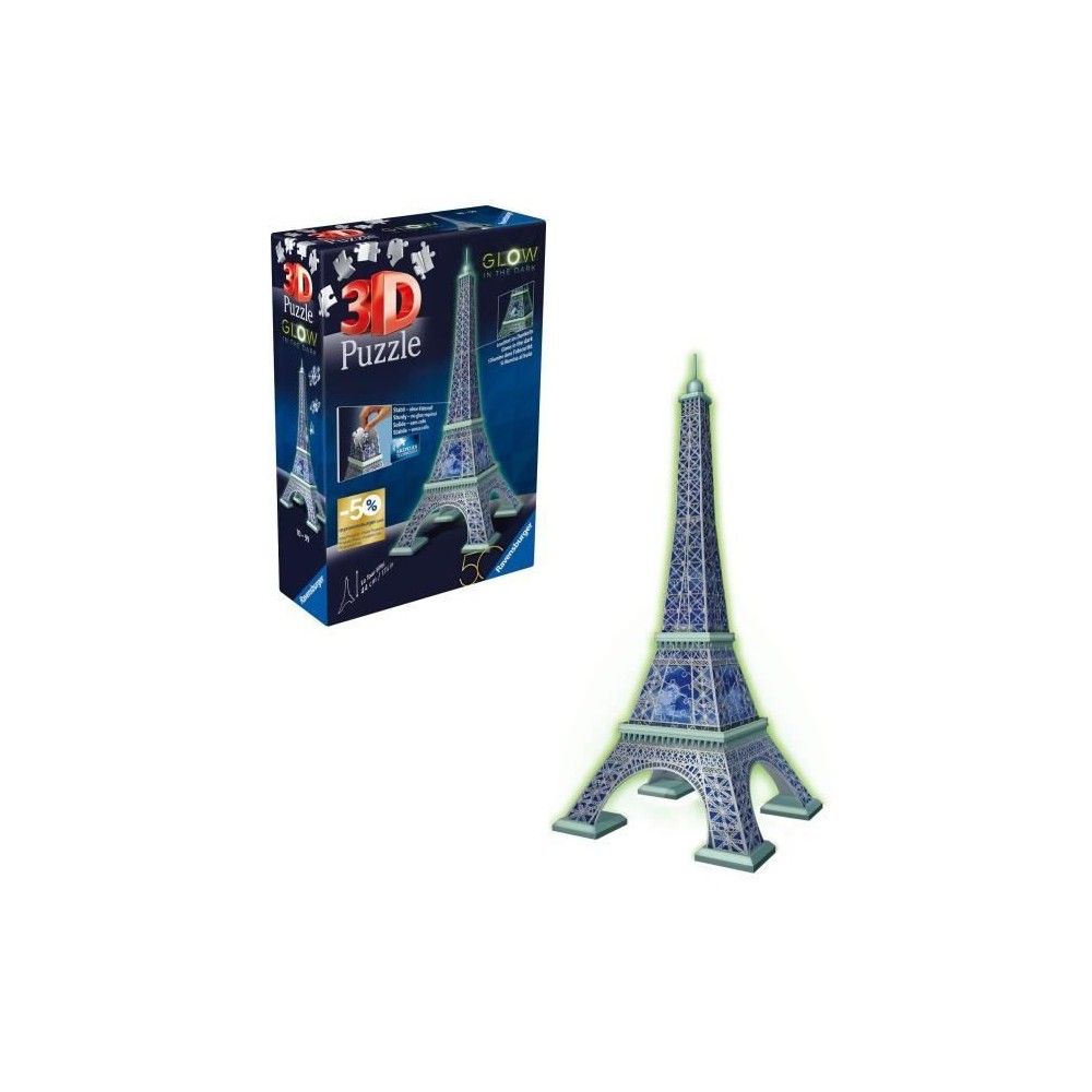 Ravensburger-Puzzle 3D Tour Eiffel phosphorescente 50 ans-Des 10 ans-216p numérotées a assembler sans colle-Accessoires inclus