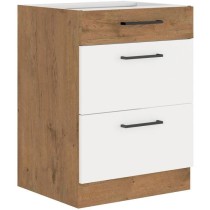 ROCK - Meuble bas casserolier - Mélaminé chene Lancelot et Blanc brillant - 60 cm - 3 tiroirs