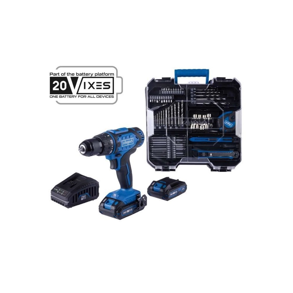 Perceuse-visseuse SCHEPPACH - 20V IXES - 50 Nm mandrin 13mm + 2 batteries + chargeur + 74 accessoires + Coffret - C-DTB74/2-X