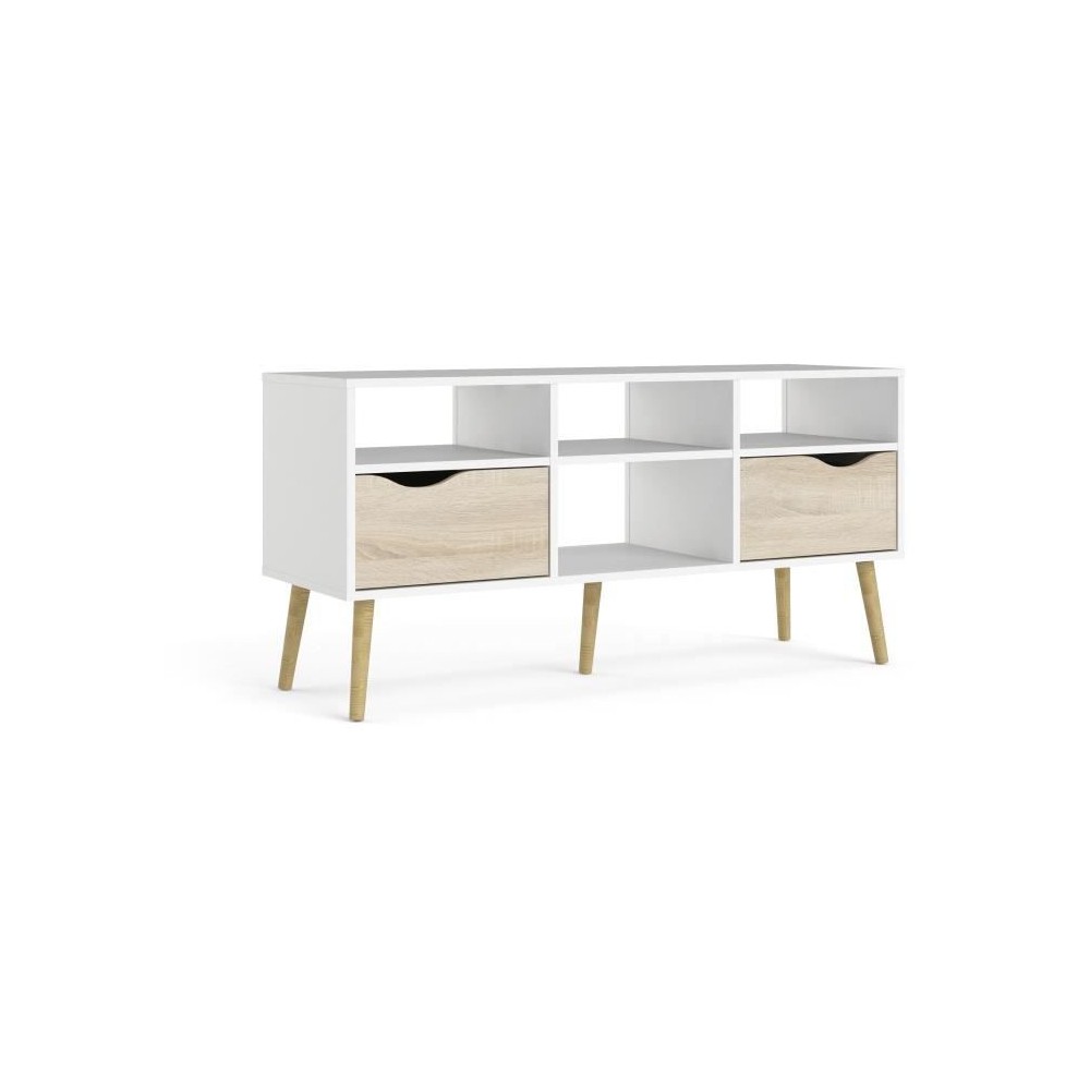 Meuble TV - 4 niches 2 tiroirs - Blanc / Chene - 117,2 x 39,1 x 57,4 cm - TVILUM