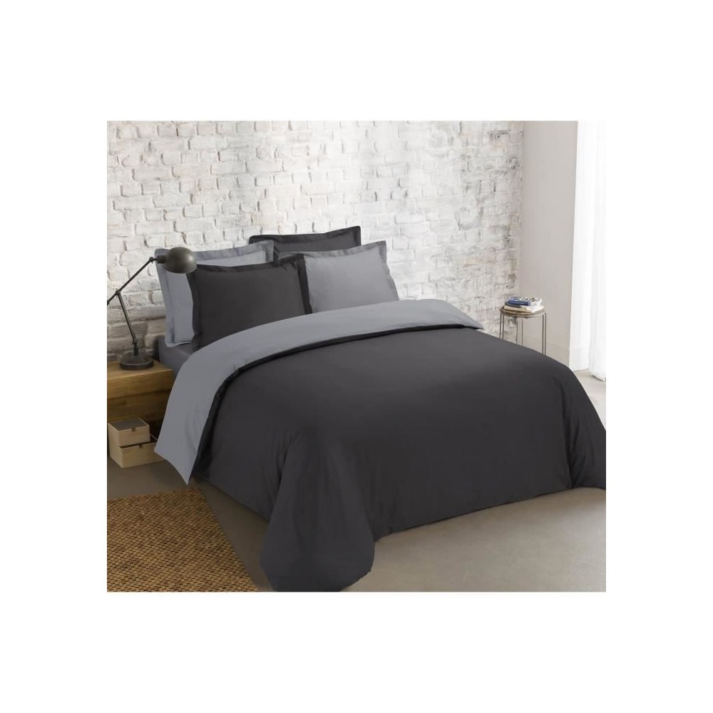 VISION - Bicolore - Housse de couette Réversible 240x220cm avec 2 taies 65x65cm - Anthracite/gris - 100% coton