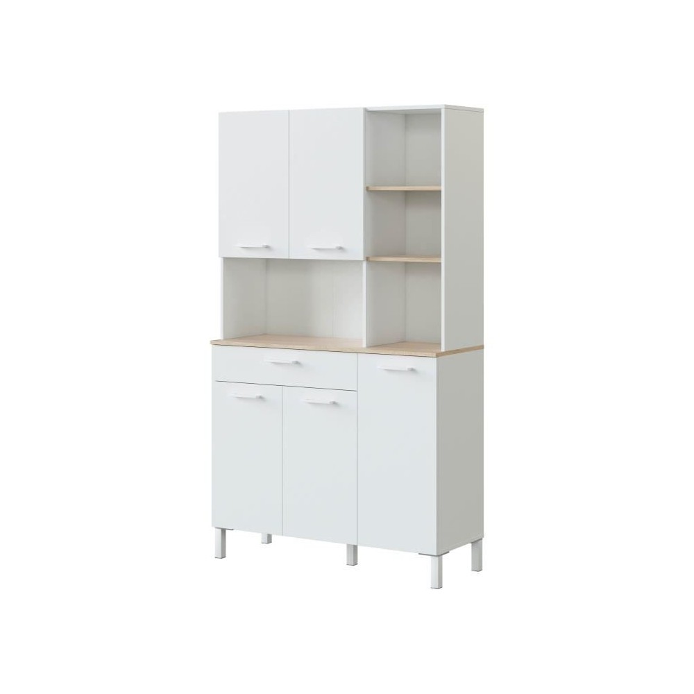 Meuble de cuisine KIRA - Décor blanc artik et chene canadien - 5 Portes + 1 tiroir - L108 x H186 x P40 cm