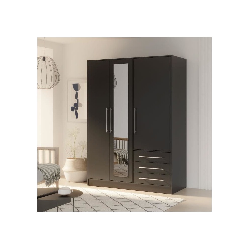 Armoire 3 portes battantes avec miroir + 3 tiroirs - Bois aggloméré