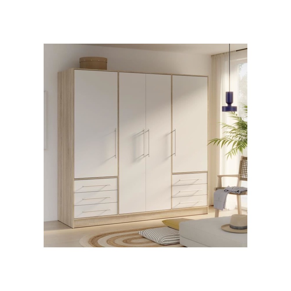 Armoire 4 portes battantes + 6 tiroirs - Chene et blanc - L 206 x P 60