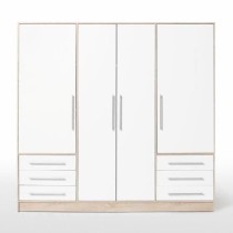 Armoire 4 portes battantes + 6 tiroirs - Chene et blanc - L 206 x P 60