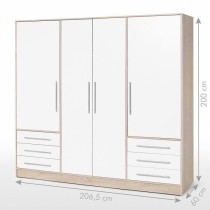 Armoire 4 portes battantes + 6 tiroirs - Chene et blanc - L 206 x P 60