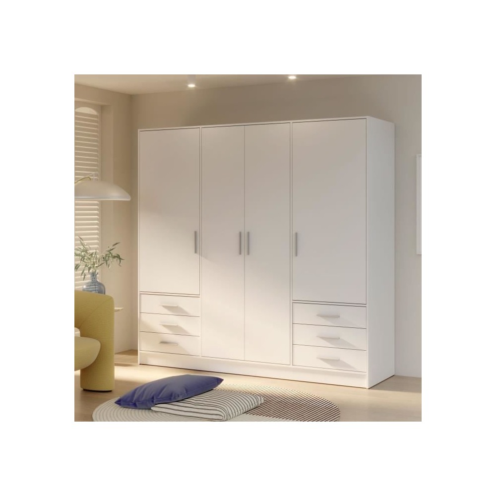 Armoire 4 portes battantes + 6 tiroirs - Bois aggloméré - Blanc mat