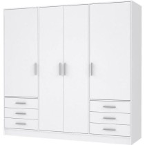 Armoire 4 portes battantes + 6 tiroirs - Bois aggloméré - Blanc mat