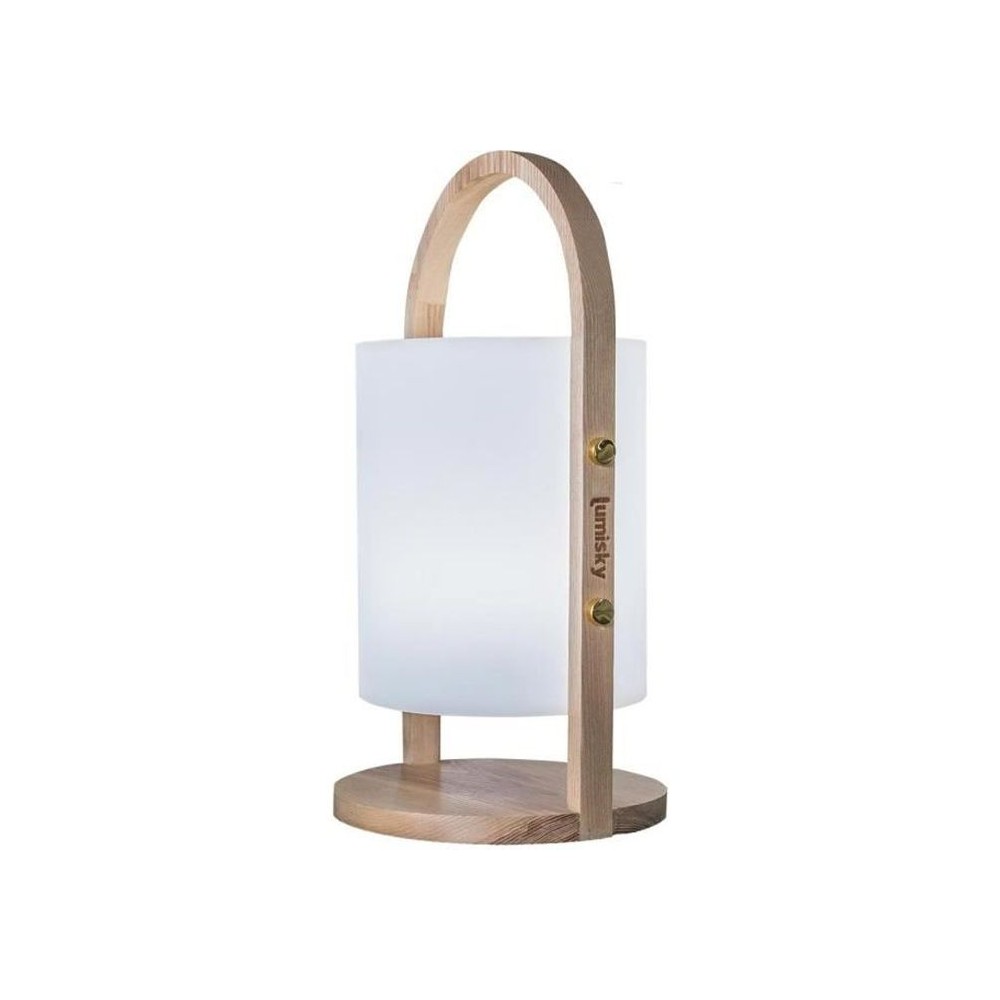 Lanterne LED Woody - LUMISKY - Blanc - Design scandinave - Poignée en bois naturel - Autonomie 10h