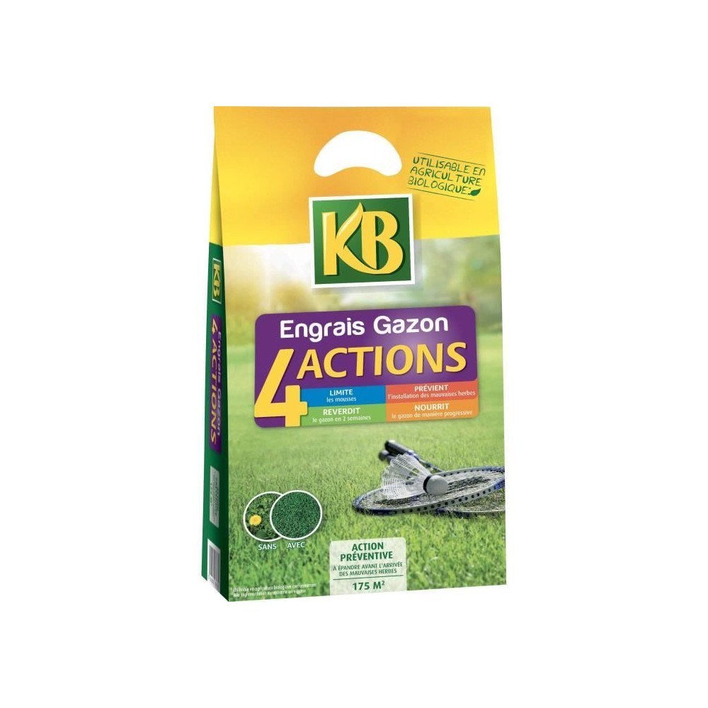 Engrais a Gazon KB K4MP - 4 Actions - 7 KG - Limite les mousses - Pré