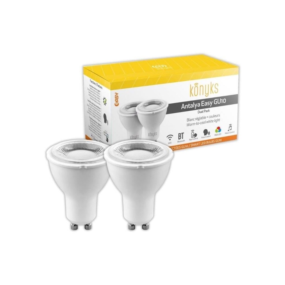 2 Ampoules connectées Wi-Fi + BT, GU10, Couleurs RGB + Blanc réglabl