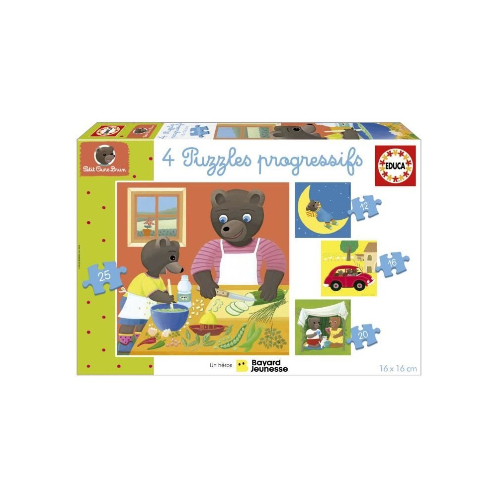 Puzzle - EDUCA - Petit Ours Brun : 4 puzzles progressifs pour enfants de 12 a 25 pieces des 3 ans