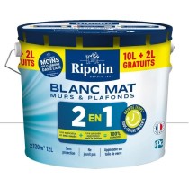 Peinture Murs et Plafonds 2 en 1 Blanc Mat Ripolin 10L + 2L gratuits