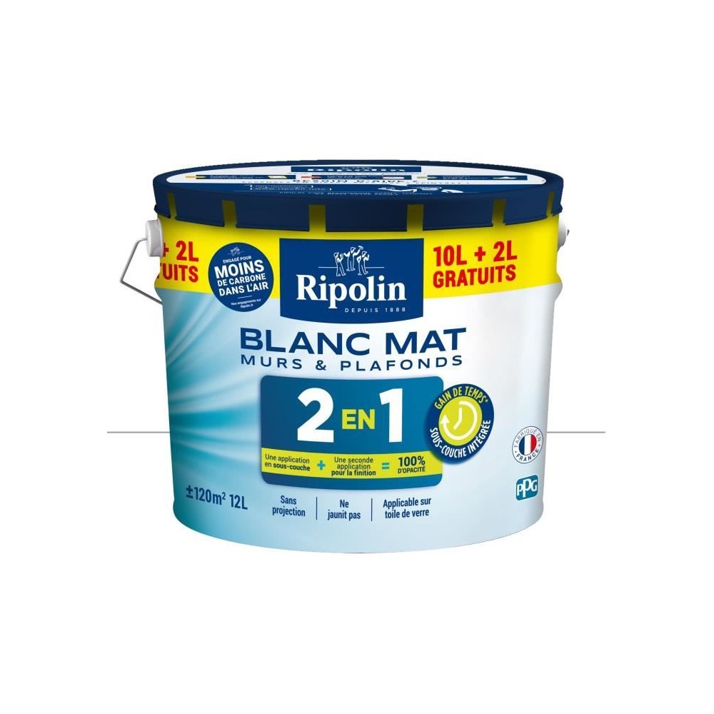 Peinture Murs et Plafonds 2 en 1 Blanc Mat Ripolin 10L + 2L gratuits