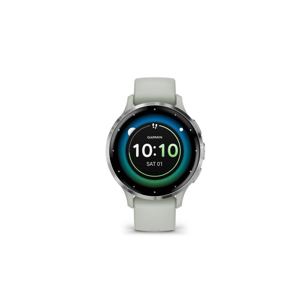 Montre GPS connectée - GARMIN - Venu 3S - 30,4mm (1,2) - Acier Silver, boîtier vert sauge et bracelet en silicone vert sauge