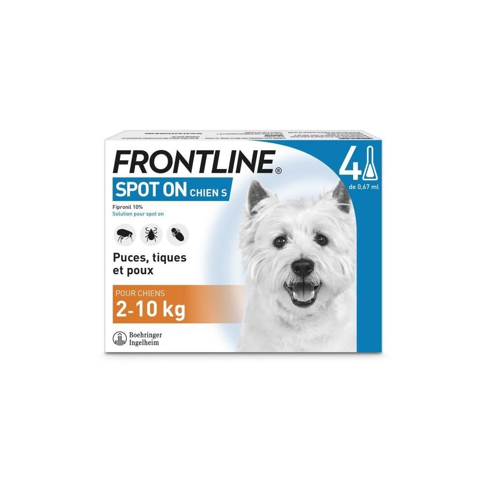 FRONTLINE Spot On Chien S - 2 a 10 kg - 4 pipettes- Puces tiques et po