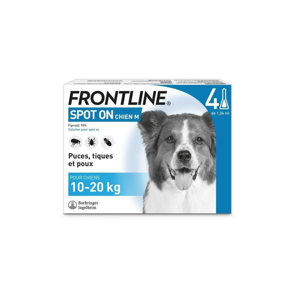 FRONTLINE Spot On Chien M - 10 a 20 kg - 4 pipettes- Puces tiques et p