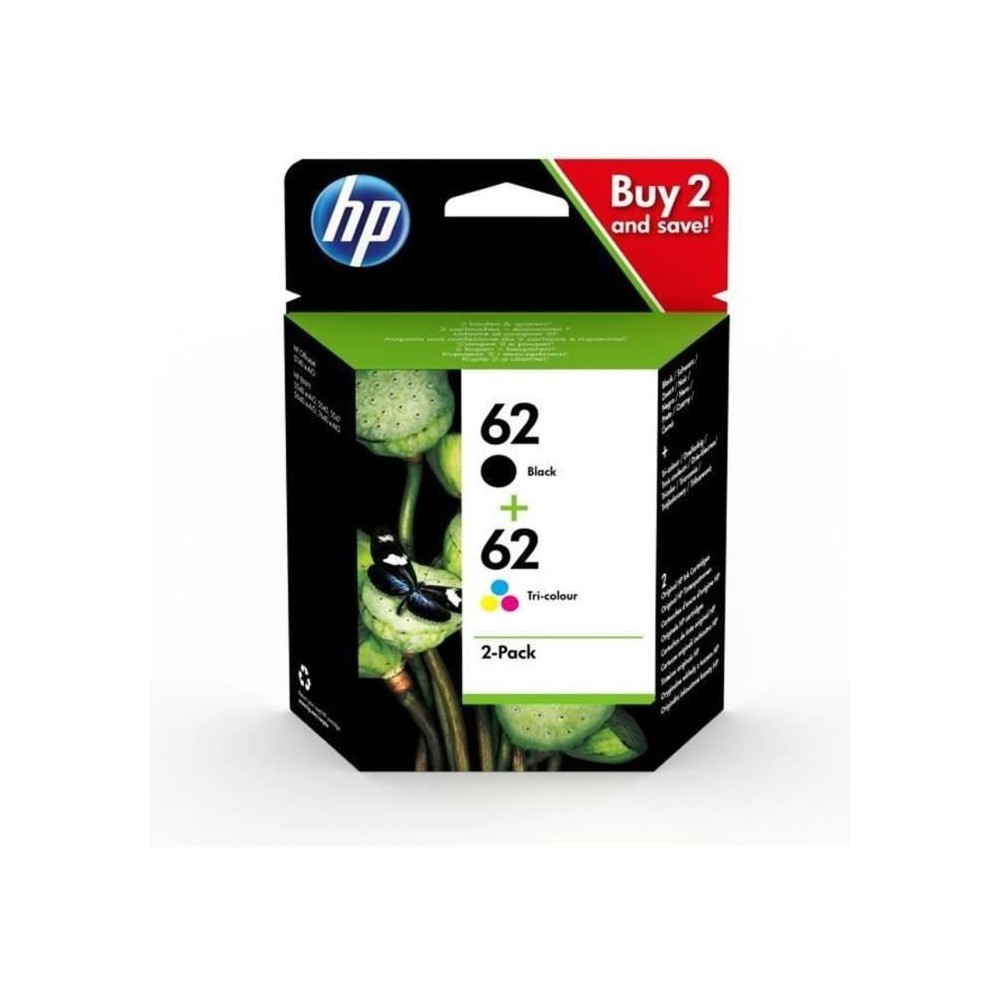 HP 62 Pack de 2 cartouches d'encre noire et trois couleurs authentique