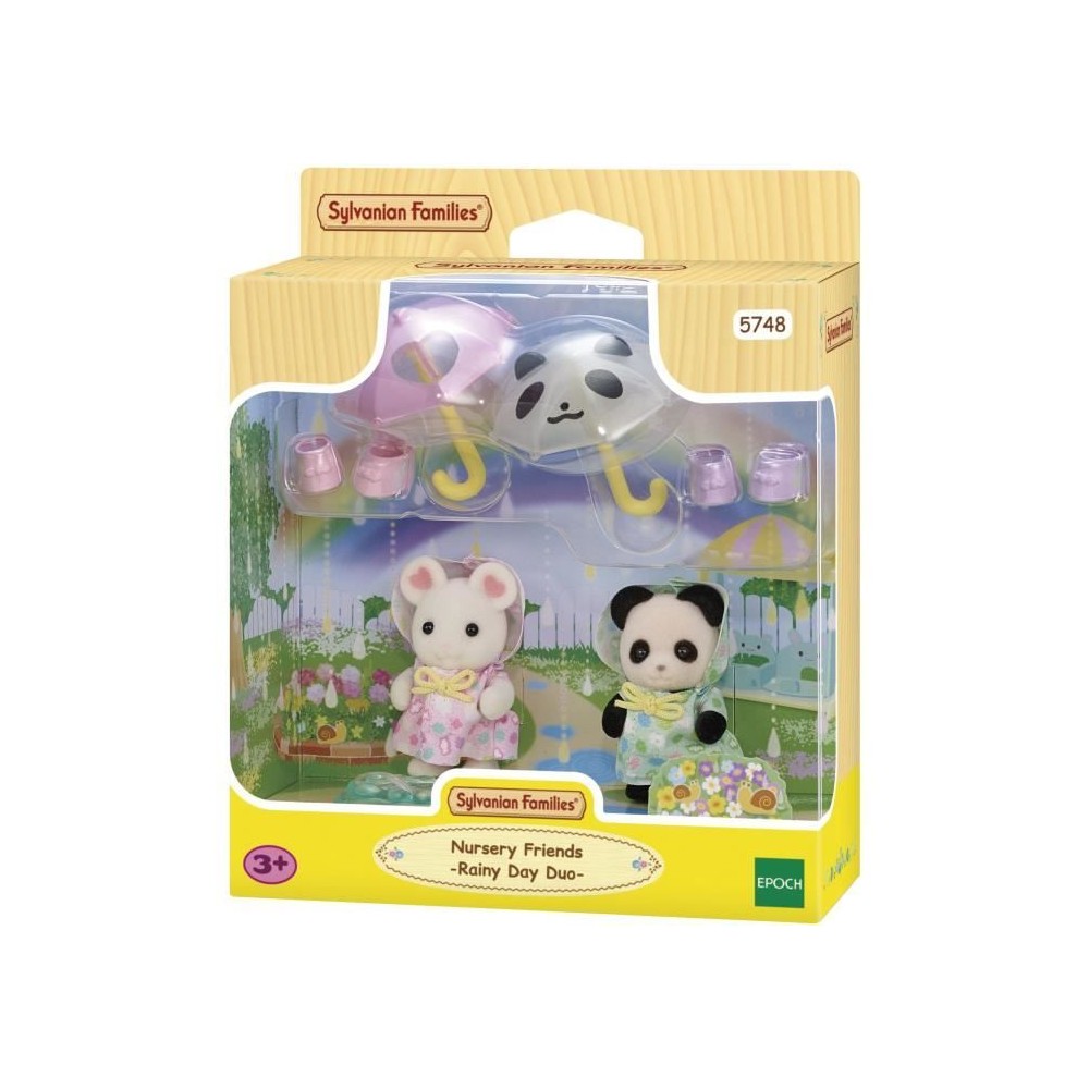 Figurines Articulées - SYLVANIAN FAMILIES - Duo Bébés en Habits de Pluie - Panda et Souris Marshmallow