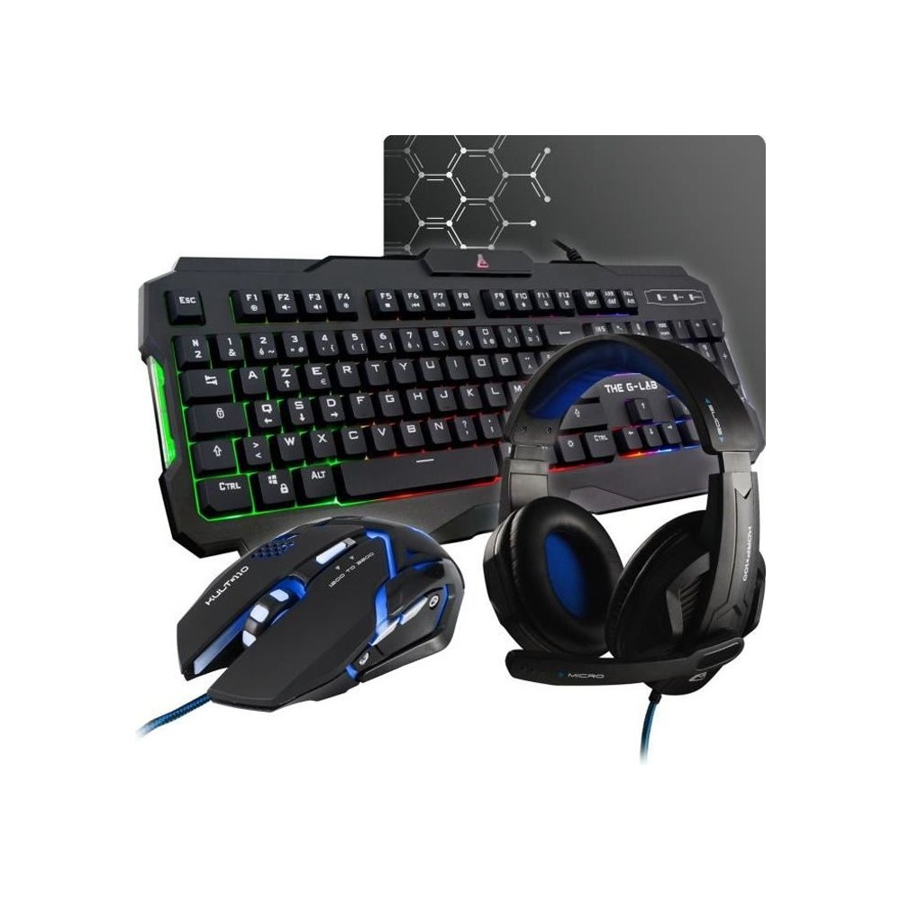 Pack Gamer 4 en 1 - The G-Lab - COMBO ARGON - Souris Filaire - Clavier Filaire - Casque Filaire - Tapis de Souris