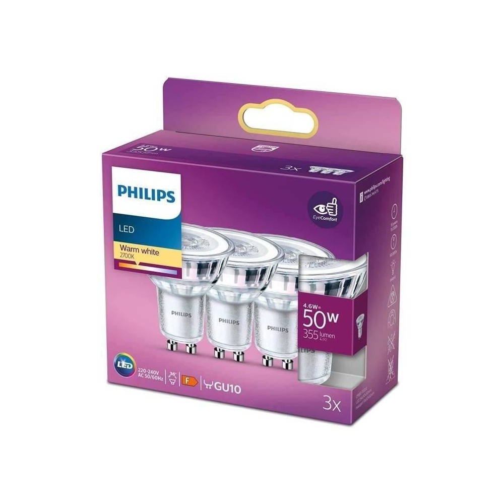 Ampoules LED GU10 Philips - Pack de 3 - 50W - Blanc chaud - Éclairage