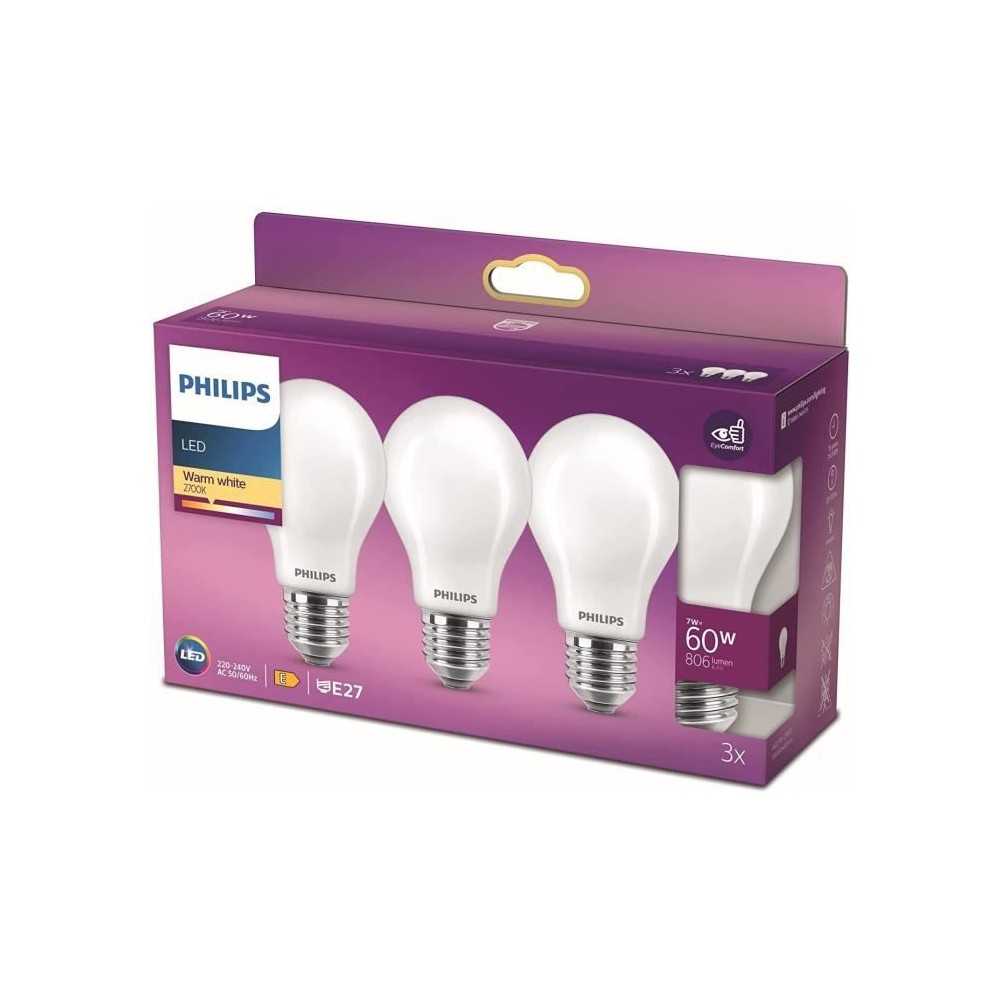 Ampoules LED Philips - Pack de 3 - 60W - Blanc chaud