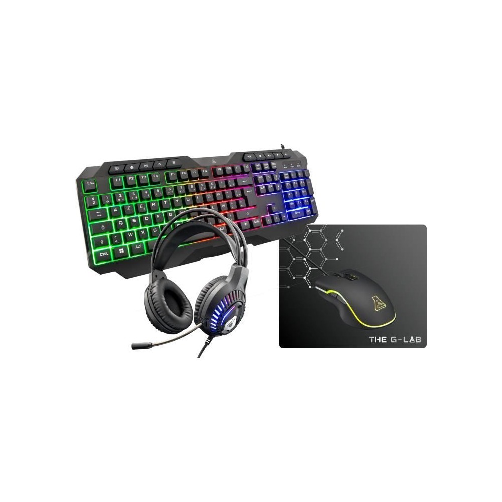 Pack Gamer 4 en 1 - The G-Lab - COMBO PLUTONIUM - Souris Filaire - Clavier Filaire - Casque Filaire - Tapis de Souris