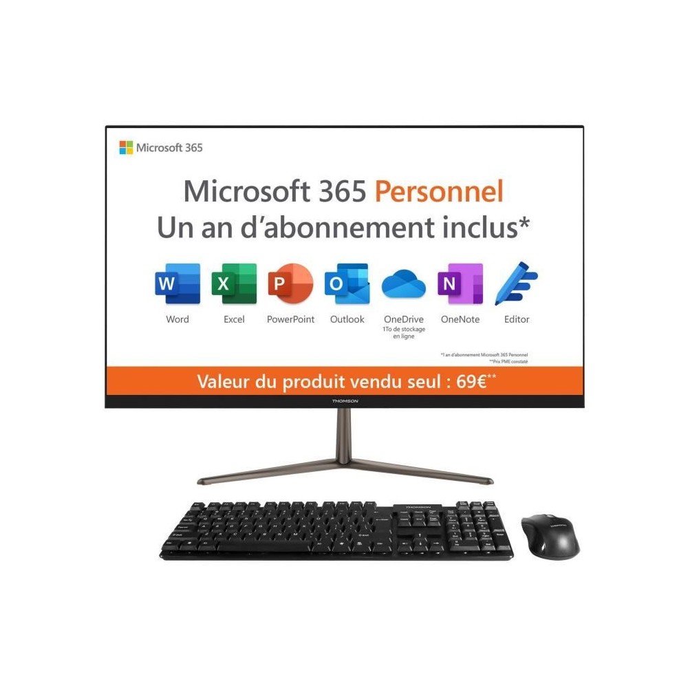 Ordinateur tout-en-un -THOMSON AIO24C4BK128 - 23,8 FHD - Intel Celeron N4020 - RAM 4Go - Stockage 128Go SSD - Wifi AC & BT - Win