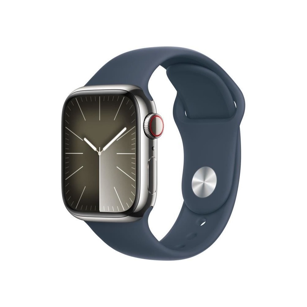 Apple Watch Series 9 GPS + Cellular - 41mm - Boîtier Acier Argent - Bracelet Storm Blue Sport Band - M/L