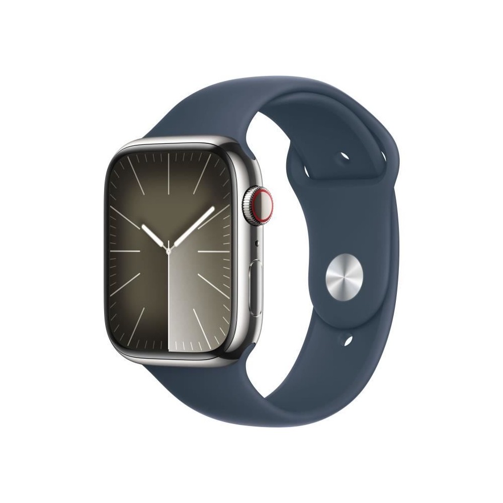 Apple Watch Series 9 GPS + Cellular - 45mm - Boîtier Acier Argent - Bracelet Storm Blue Sport Band - S/M