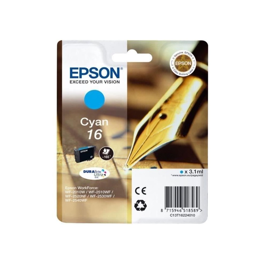 Cartouche d'encre 16 Cyan - EPSON - WorkForce WF-2510WF - Jet d'encre - Epson DURABrite Ultra