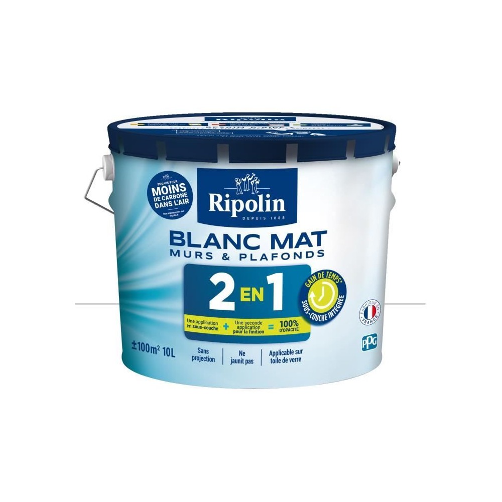 RIPOLIN MUR ET PLAFOND BI COUCHE 2EN1 ACRYL BLANC MAT 10 L