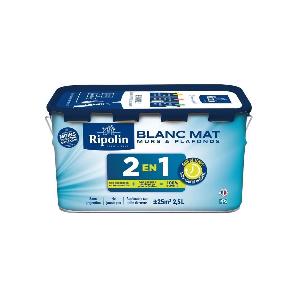 Peinture 2 en 1 murs et plafonds - Blanc mat - RIPOLIN - 2,5 L