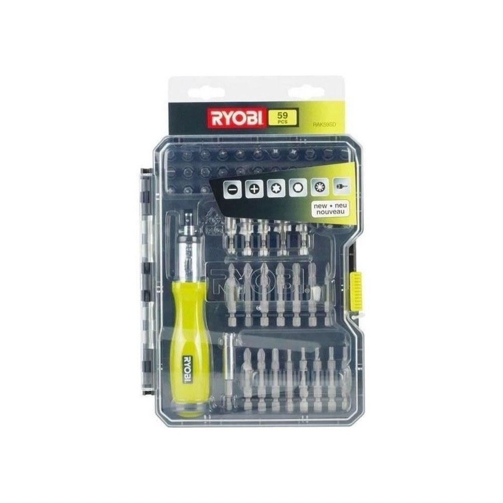 RYOBI - Coffret 59 accessoires vissage - boulonnage PH / PZ / SL / HEX / TX avec tournevis a cliquet - RAK59SD