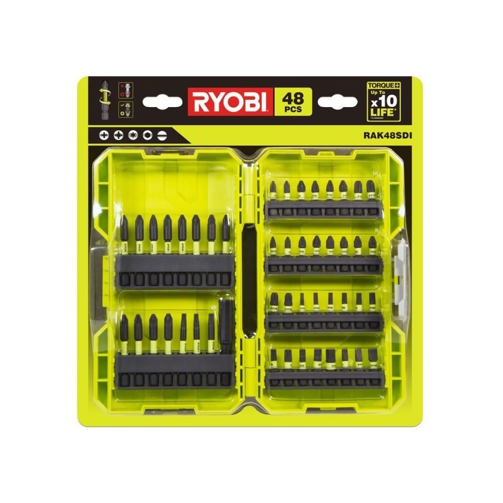 RYOBI - Coffret empilable 48 accessoires vissage ultra-résistants : 32 embouts impact 25 mm + 15 embouts impact 50 mm - RAK48SD