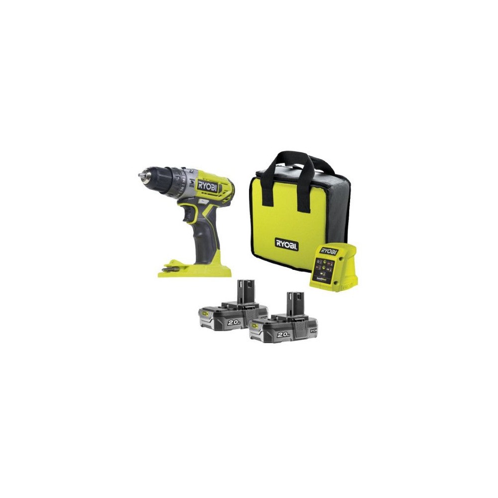 RYOBI - Perceuse a percussion compacte 18V ONE+ - 40 Nm - mandrin 10 mm + 2 batteries 2,0 Ah, chargeur, sac - R18PD2-220S