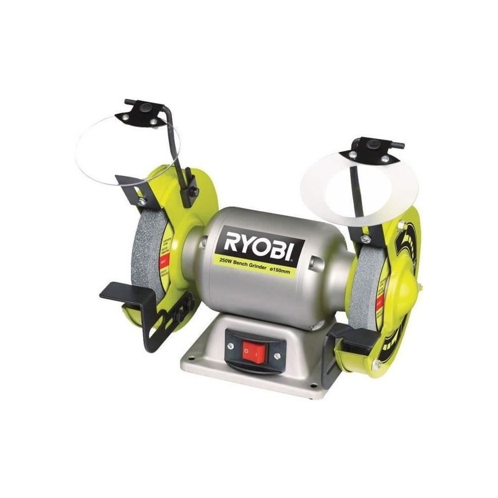 RYOBI - Touret a meuler 250 W + meule a ébavurer, meule de finition, 2 pare-éclats transparents et 2 porte-pieces - RBG6G1