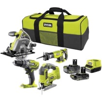 RYOBI 4 outils : 1 perceuse-visseuse + scies (sauteuse, circulaire & sabre) + 2 batteries 4 Ah & 2Ah + 1 chargeur & sac de trans