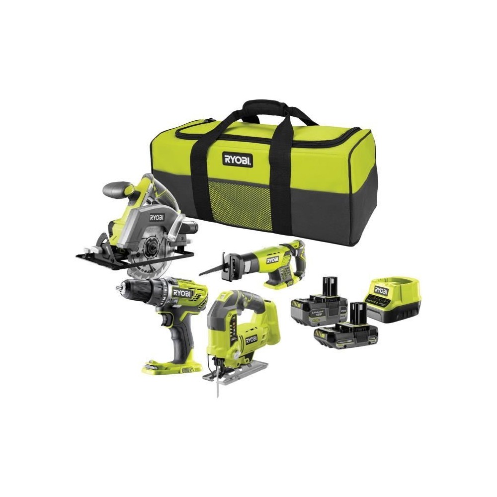 RYOBI 4 outils : 1 perceuse-visseuse + scies (sauteuse, circulaire & sabre) + 2 batteries 4 Ah & 2Ah + 1 chargeur & sac de trans