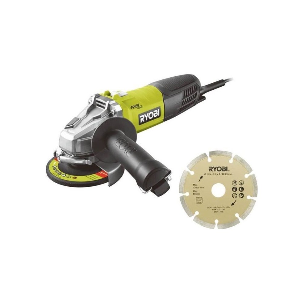 RYOBI - Meuleuse d'angle 800 W diam. 125 mm - 12 000 tr/min + sac, disque diamant 125 mm & clé de service - RAG800-125SD1