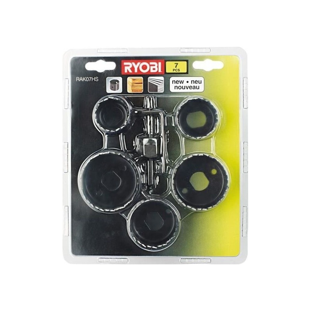 RYOBI - Blister 7 pieces scie cloche pour le bois 32 / 38 / 45 / 50 / 54 mm + foret centreur - RAK07HS